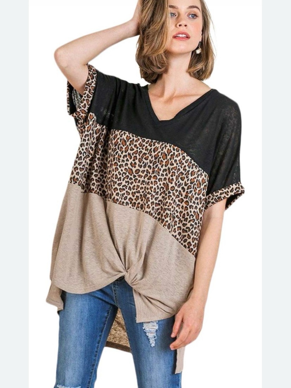 Umgee Oversized Black Leopard & Tan Striped Knot Front Top Linen Blend Large